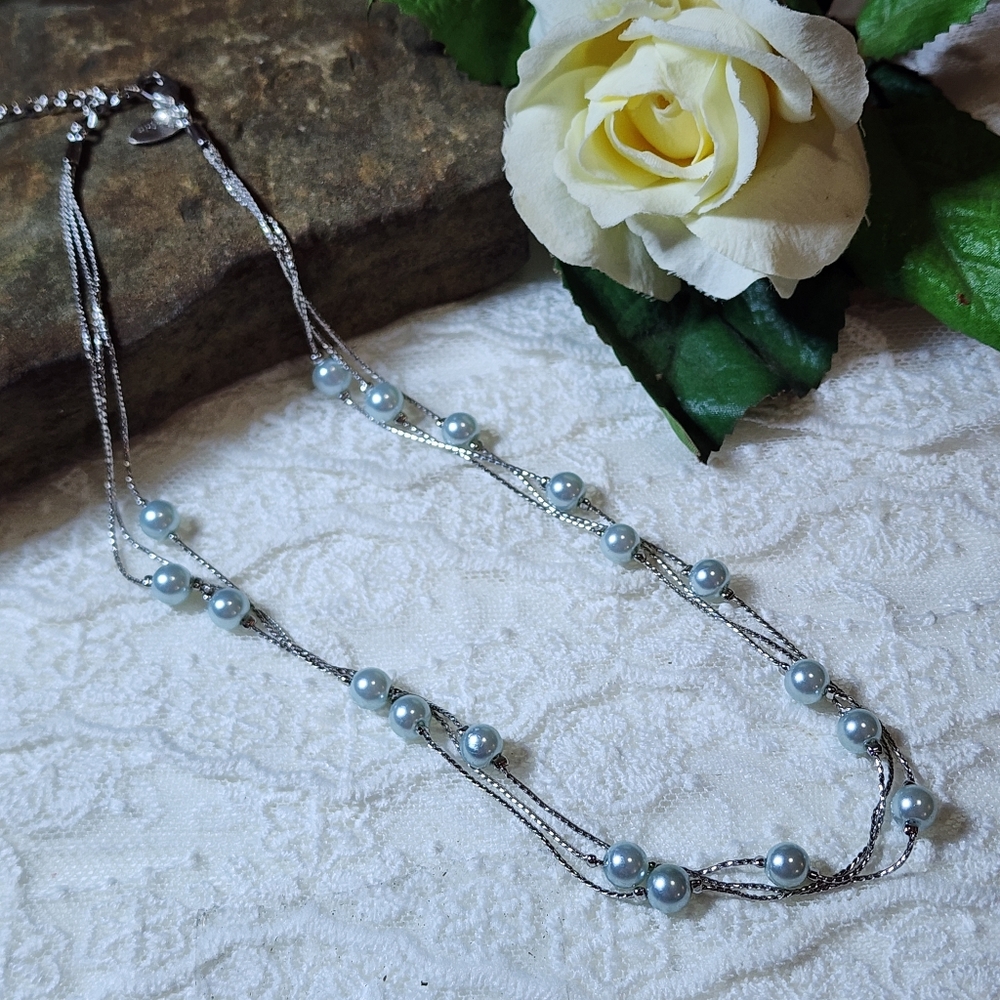 Lia Sophia 3 Strand Silver Toned Necklace with Floating Blue Faux Pearls